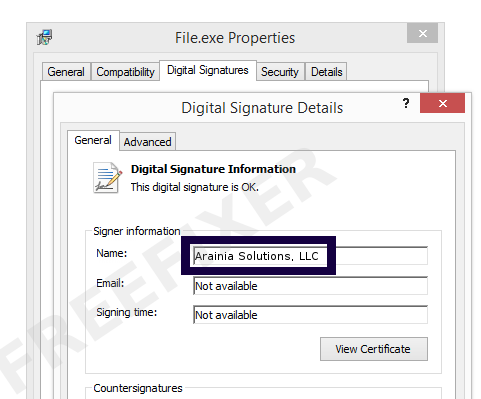 Screenshot of the Arainia Solutions, LLC certificate